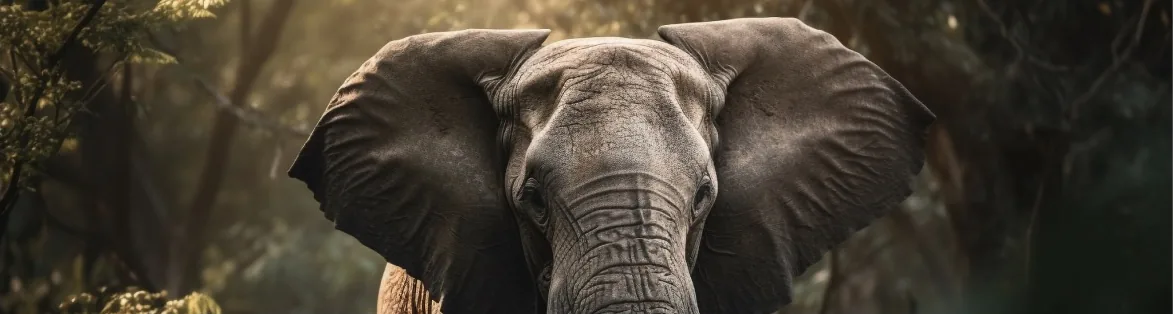 An elephant facing the camera, ears spread, in forest light.